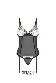 画像1: Vila-Blanes-corset | ガーターベルト付きコルセット＆タンガ2点セット（カップワイヤーあり・シースルー・ボタニカル刺繍・ブラック×ベージュ）   | 高級ランジェリー Exquisite【即日発送・サイズ交換NG】輸入下着・ランジェリー   (1)