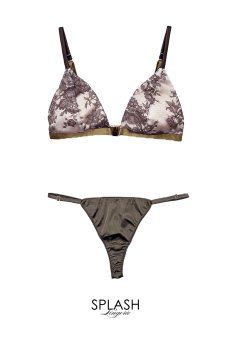 画像1: Weekend Set  LILAC BABE | ノンワイヤーブラ＆ショーツセット・フロントホック・Tバック・フレンチリバーレース・ブラウン・パールライラック・ポーチ付き | maimia マイミア【サイズ交換NG】  日本製・高級ランジェリー   (1)