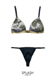 画像1: Satin Luxe Weekend Set  PAVONE | ノンワイヤーブラ＆ショーツセット・フロントホック・Tバック・フレンチリバーレース・花柄刺繍・ブルーグリーン×ゴールド・ポーチ付き | maimia マイミア【サイズ交換NG】  日本製・高級ランジェリー   (1)