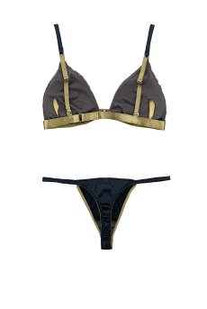 画像2: Satin Luxe Weekend Set  PAVONE | ノンワイヤーブラ＆ショーツセット・フロントホック・Tバック・フレンチリバーレース・花柄刺繍・ブルーグリーン×ゴールド・ポーチ付き | maimia マイミア【サイズ交換NG】  日本製・高級ランジェリー   (2)